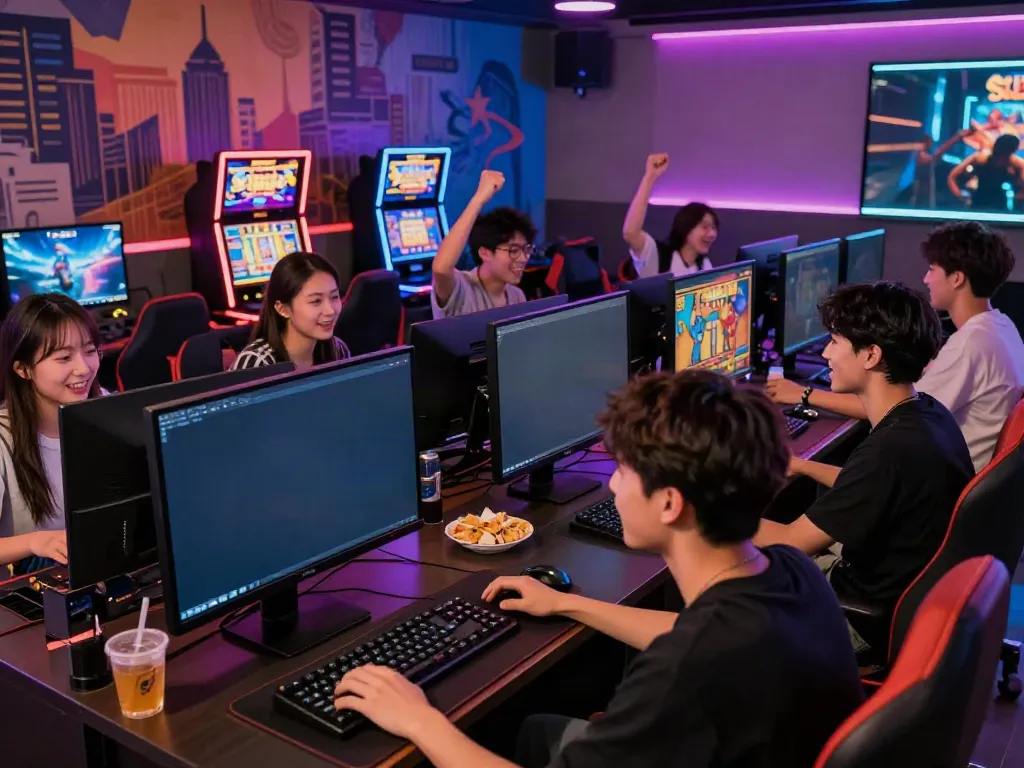 Friends enjoying PG SLOT games in a vibrant gaming lounge, lively atmosphere.