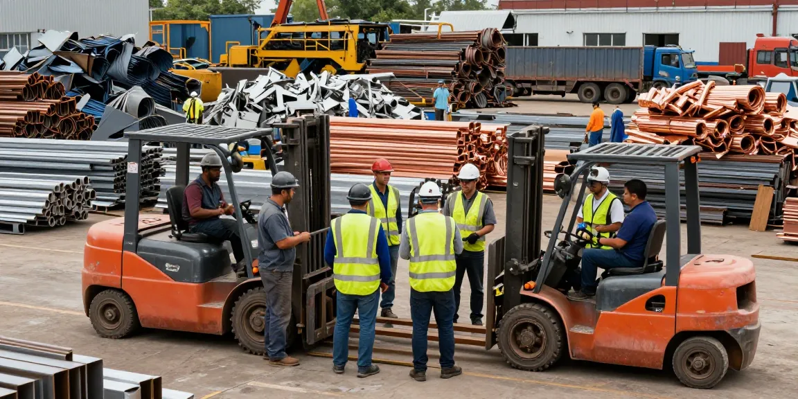 Melihat aktivitas di https://www.scrapsolutionplace.com/ dengan pekerja di lokasi scrap metal, memeriksa logam berkualitas tinggi.