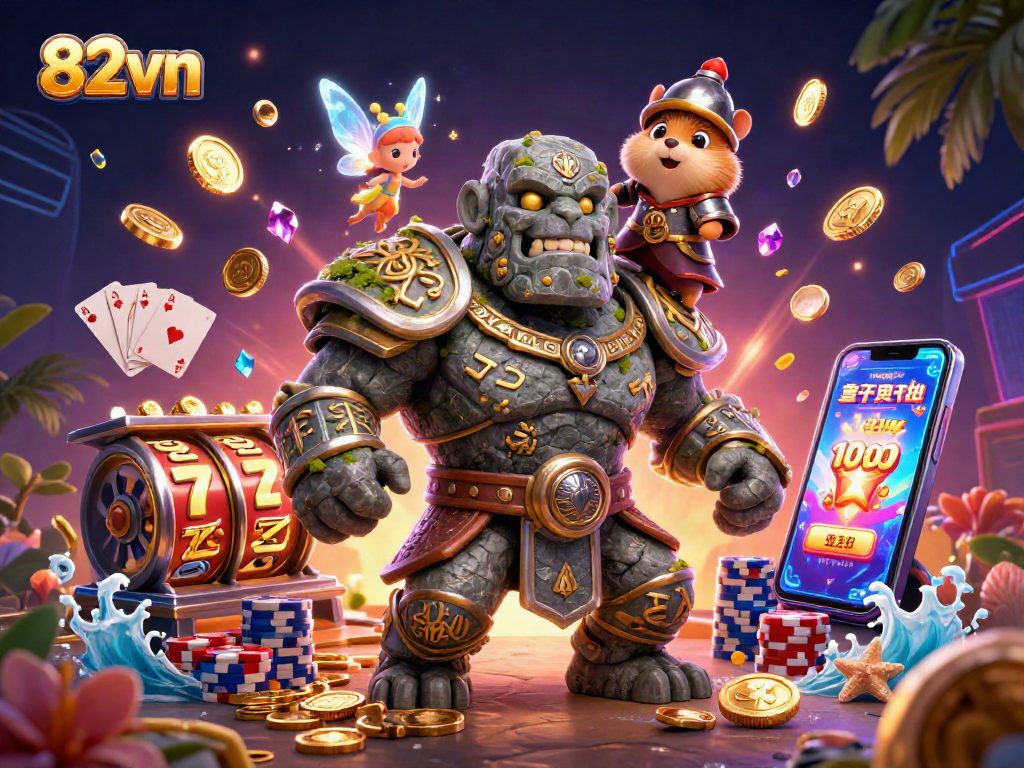 Engage in thrills at 82vn with vibrant casino elements featuring a magical golem guardian and dazzling slot machines.