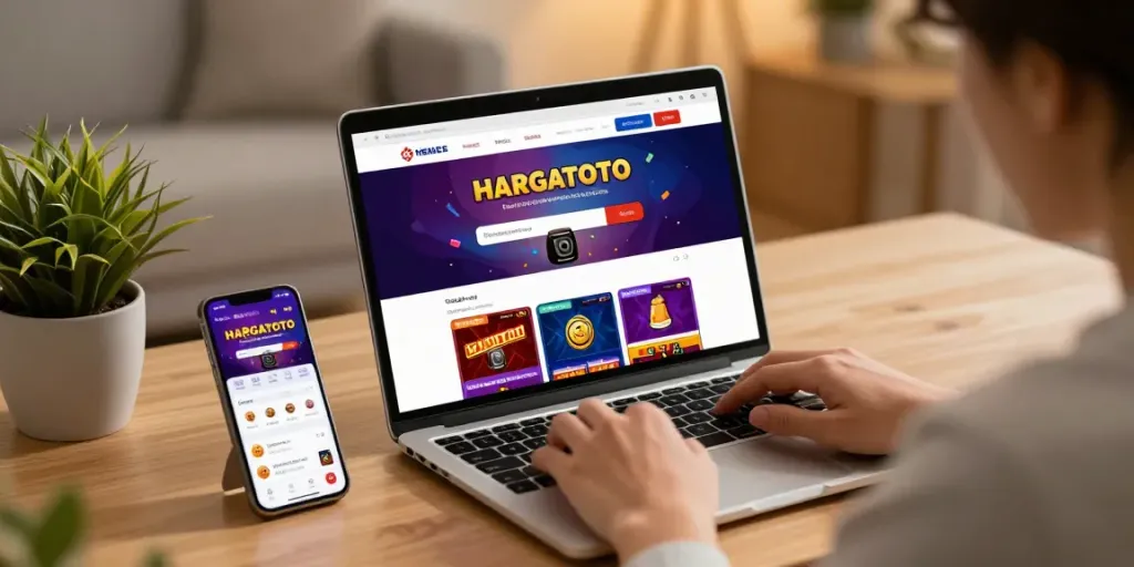 Engaging online togel online experience at home with HARGATOTO platform displayed.