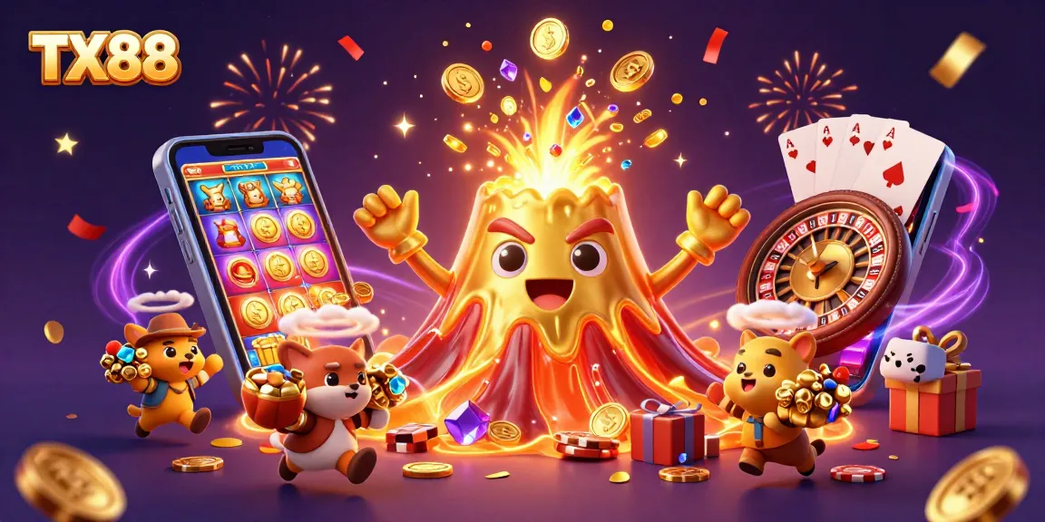 TX88 features an erupting golden volcano with treasures, capturing excitement in gaming!