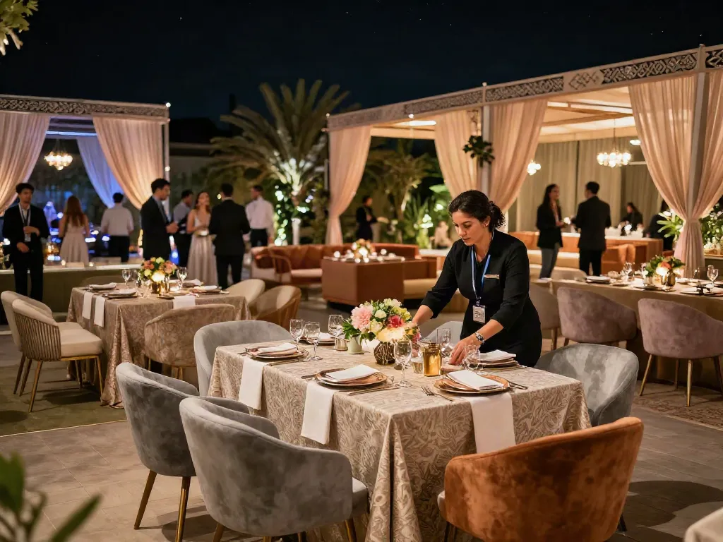 Event furniture rental setup with luxurious seating and elegant decor for a high-end gathering.