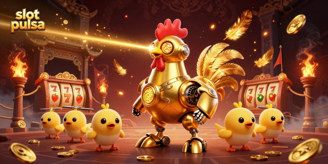 Experience thrilling slot pulsa action with a golden rooster robot leading the way in this energetic casino scene.