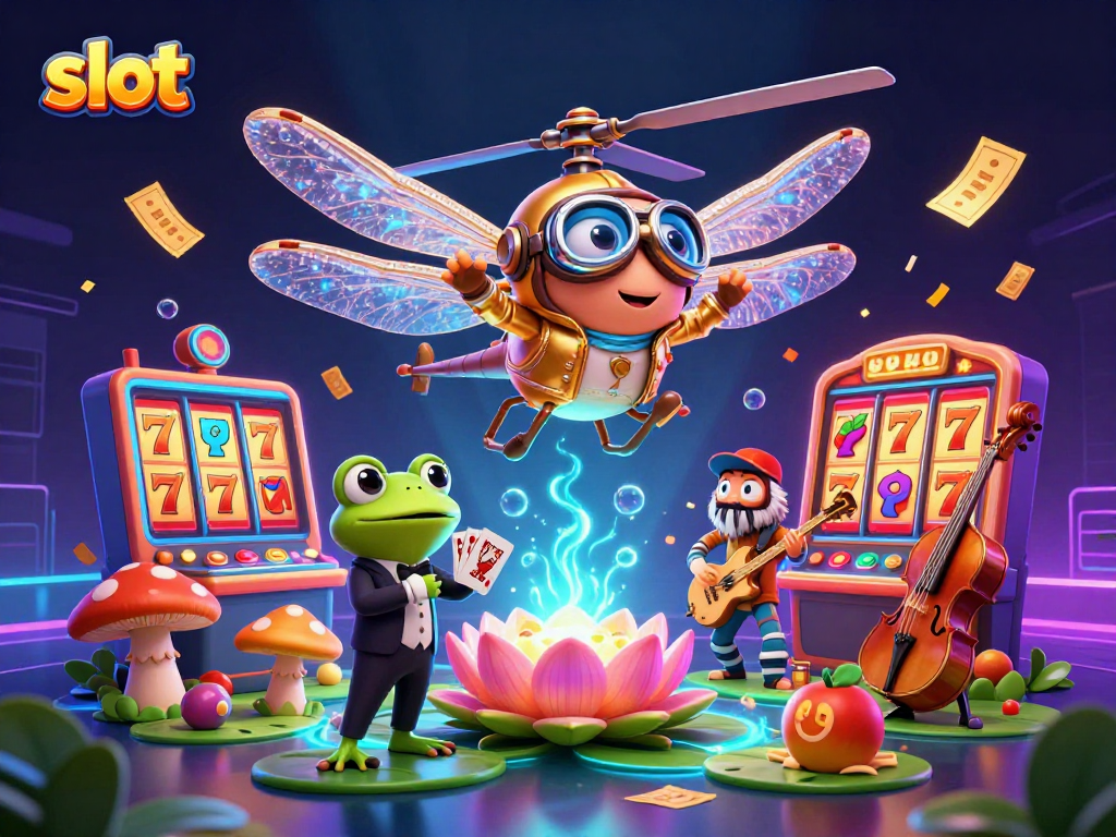 Spin slot reels in vibrant jackpot casino scene with dynamic elements and characters.