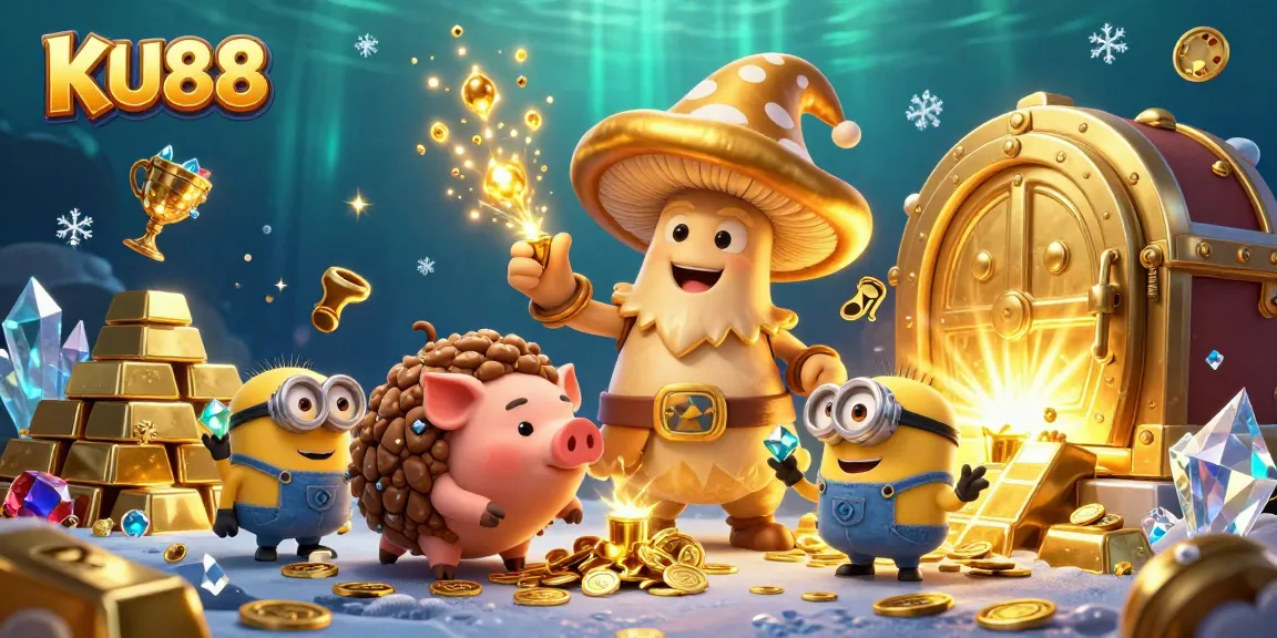 Engage with the magical KU88 realm as the golden mushroom wizard unleashes treasures surrounded by glittering gems.
