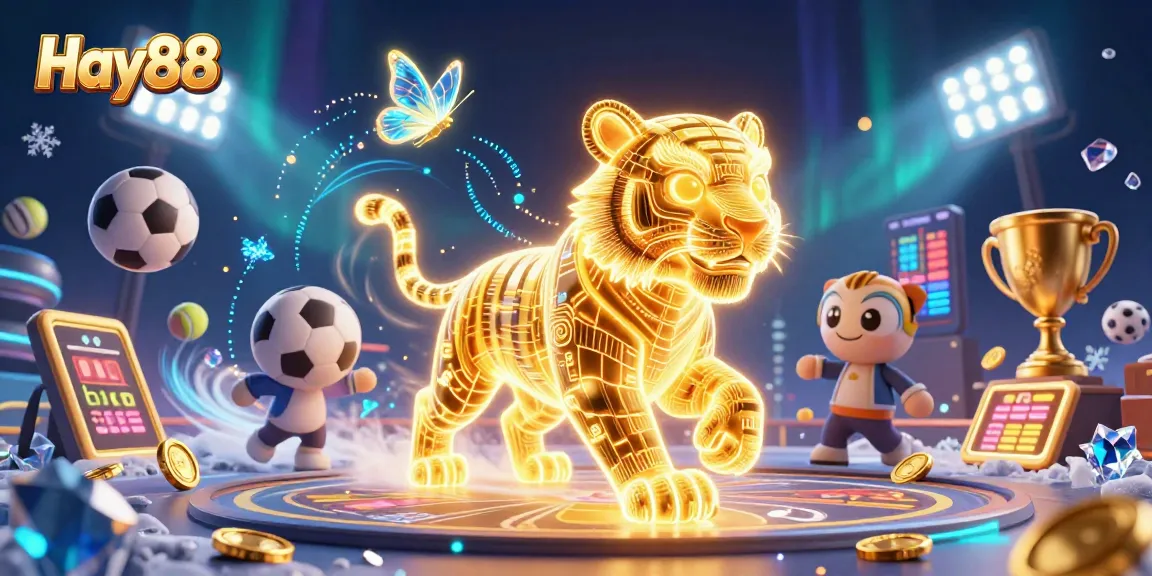 Experience Hay88 through a vibrant digital casino scene with a golden tiger and dynamic sports elements.