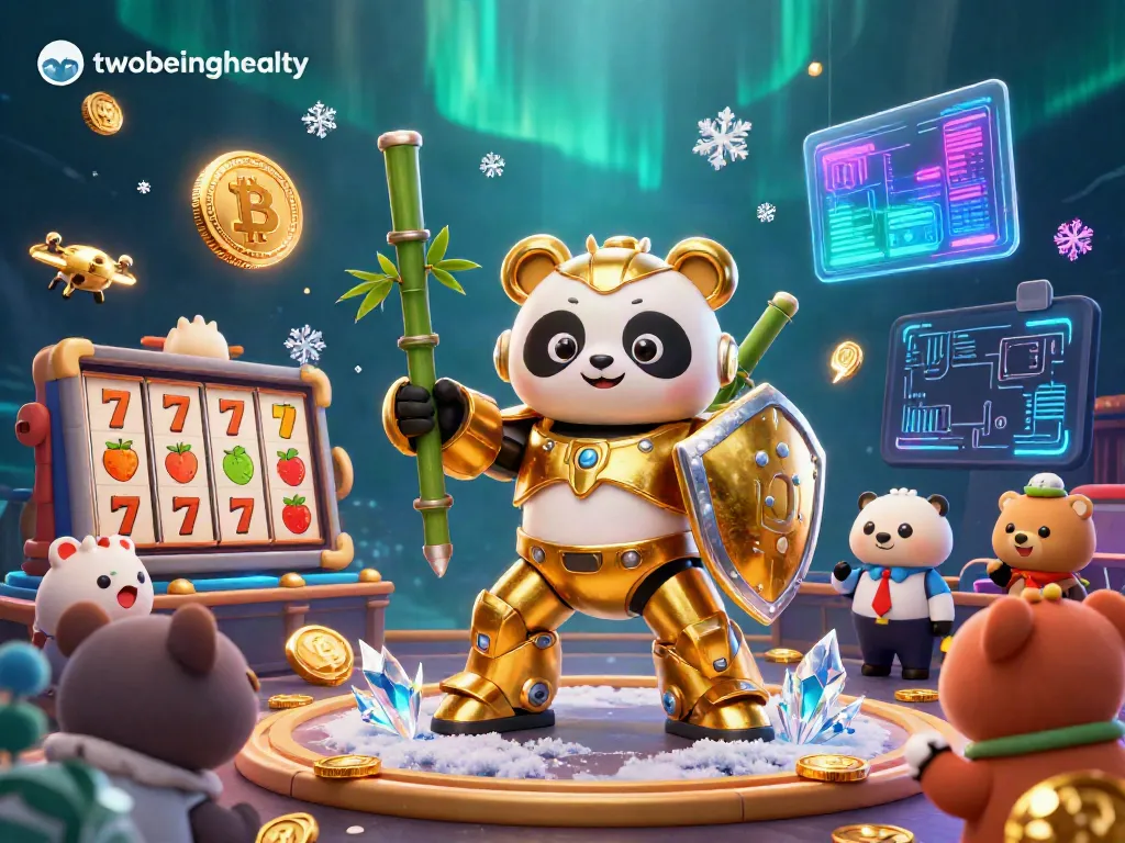 Experience thrilling winning action with twobeinghealty in a dynamic golden panda casino scene featuring slot reels and crypto elements.