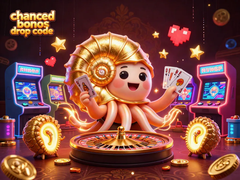 Engage with the excitement of chanced bonus drop code in a vibrant 3D casino scene featuring colorful arcade machines and treasure.