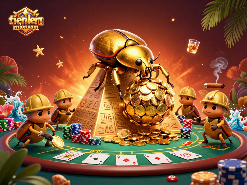 Engage in thrilling gameplay at tienlenmiennam with a vibrant 3D illustration of golden dung beetles, poker elements, and a pyramid backdrop.