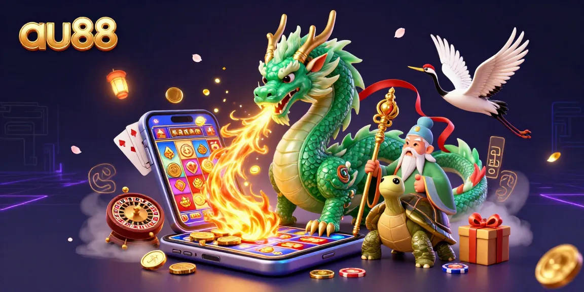 Spin colorful slot games and win at au88 with this vibrant 3D casino scene showcasing the emerald jade dragon and lucky cranes.