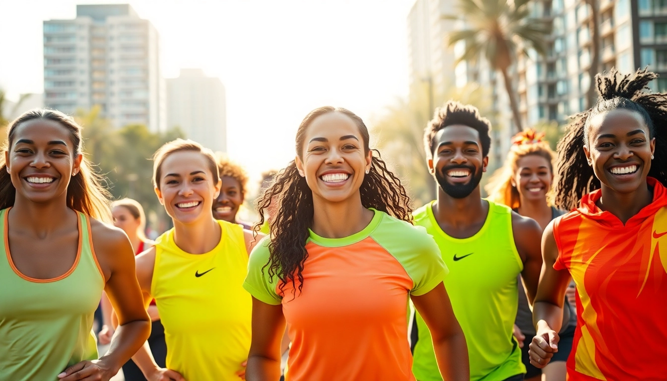 Athletes showcasing vibrant sportswear energy in an outdoor park.