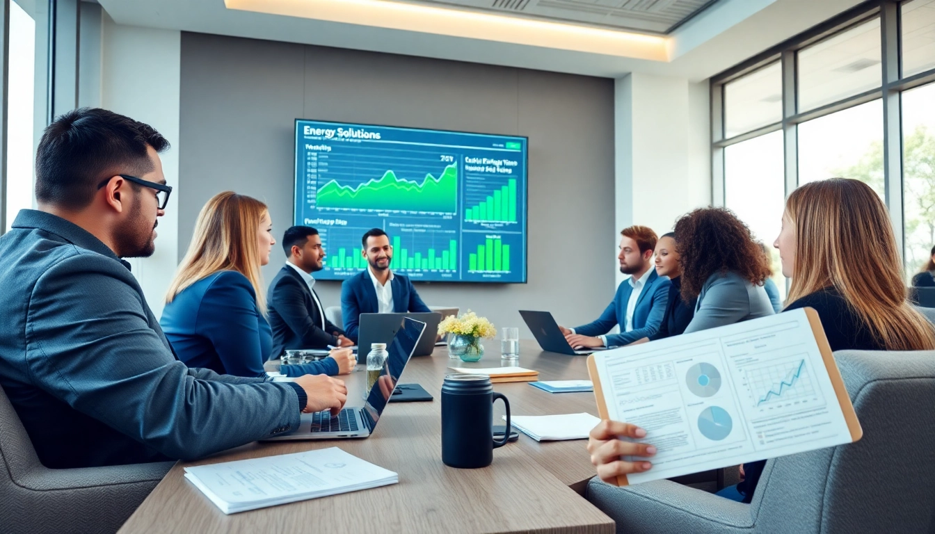 Discussing business electricity no standing charge in a modern conference room