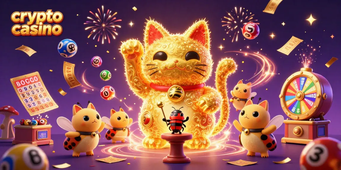 Jouez au crypto casino avec des pièces en or et des symboles de chance dans une illustration festive.