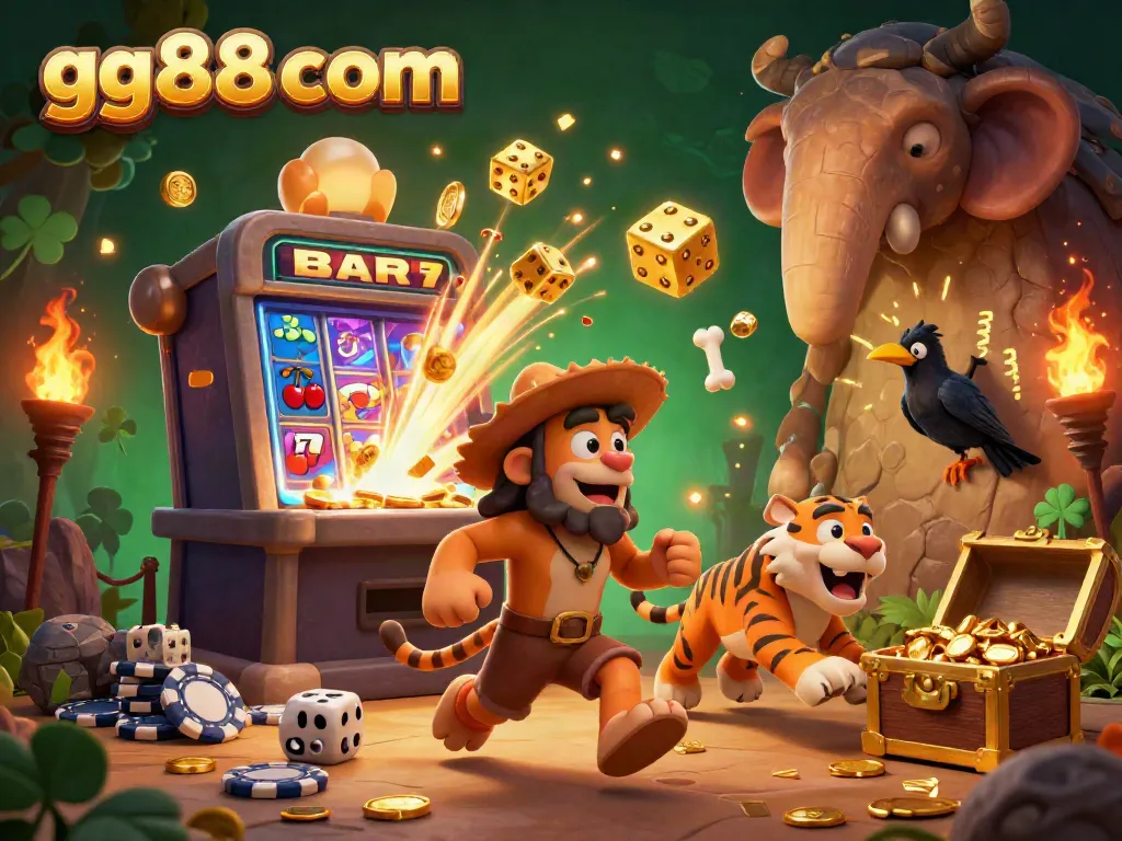 Engage in thrilling gaming at gg88 com with a dynamic 3D cartoon scene of cavemen and a sabertooth tiger managing a prehistoric casino.