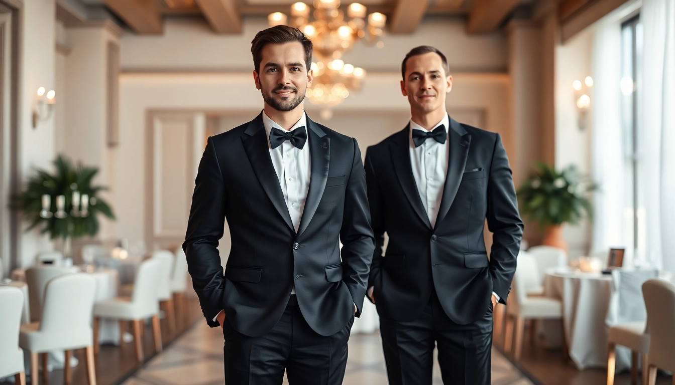 Man showcasing men’s black formal attire in a modern setting, embodying elegance and professionalism.