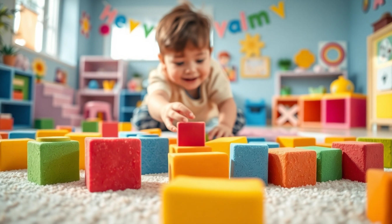 Encouraging child play using soft foam blocks, read more here for ideas and tips.