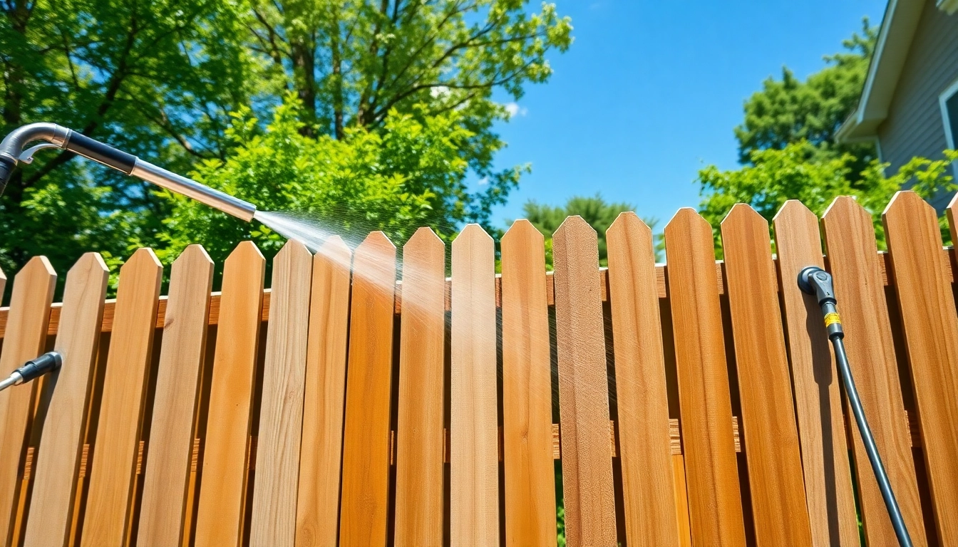 Enhancing fence cleaning in progress on a well-kept wooden fence against vibrant greenery.