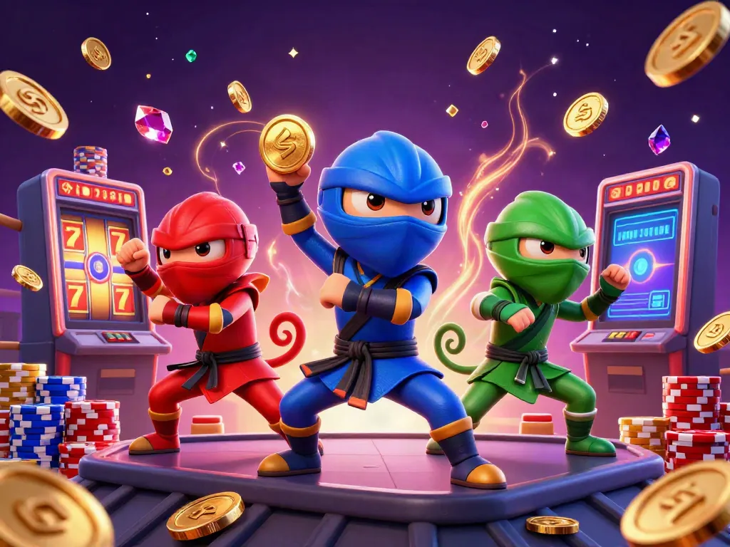 Slot gacor memikat dengan tim ninja kadal beraksi di atap, dikelilingi koin dan chip poker.