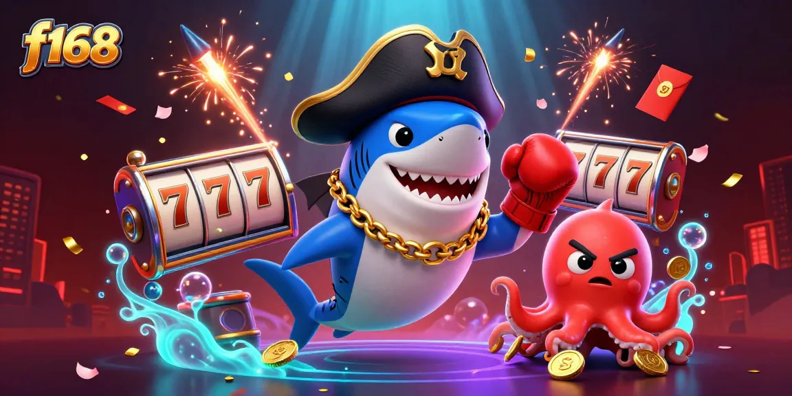 Spin the reels at f168 with a pirate shark, pufferfish, and octopus in this vibrant casino scene.