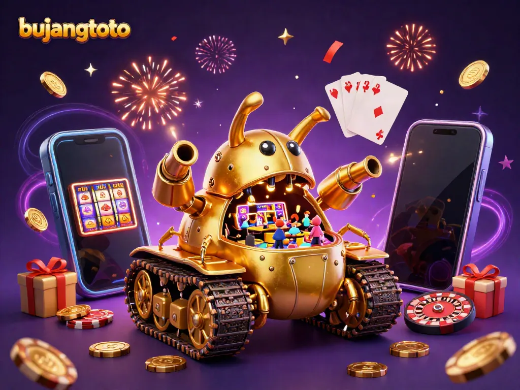 Engage in thrilling gaming at bujangtoto with vibrant casino elements in an exciting 3D scene.