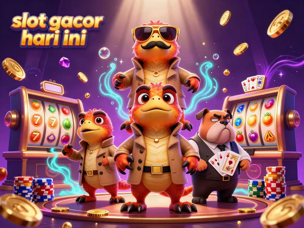 Experience excitement playing slot gacor hari ini with cartoon raptors and casino elements in a vibrant scene.