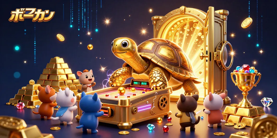 オンラインポーカーで光る金色の亀がピンボールのように遊ぶ様子を描いたイラスト