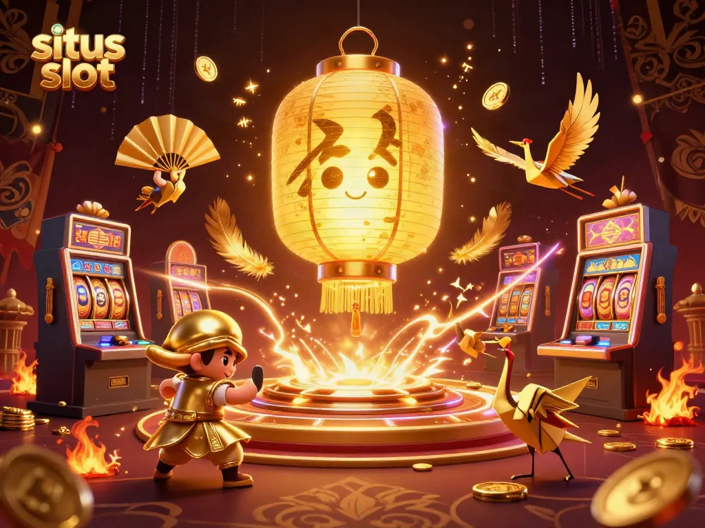 Visualisasi situs slot yang menampilkan cahaya khas kasino bersama elemen keberuntungan.
