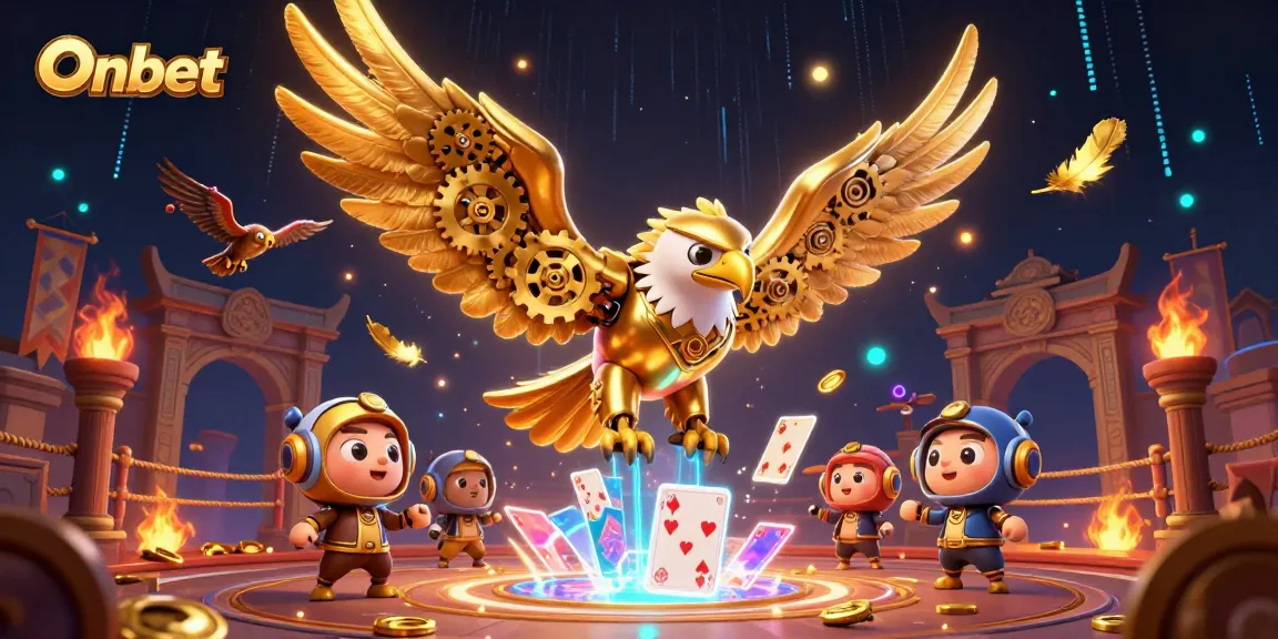 Experience Onbet thrilling casino gameplay illustrated with dynamic 3D eagle amidst holographic cards.