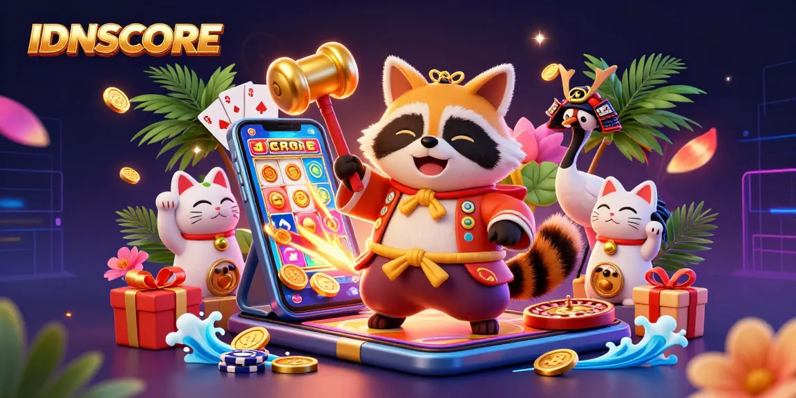 IDNSCORE brings fortune as cheerful tanuki holds a mallet in a dynamic casino scene.