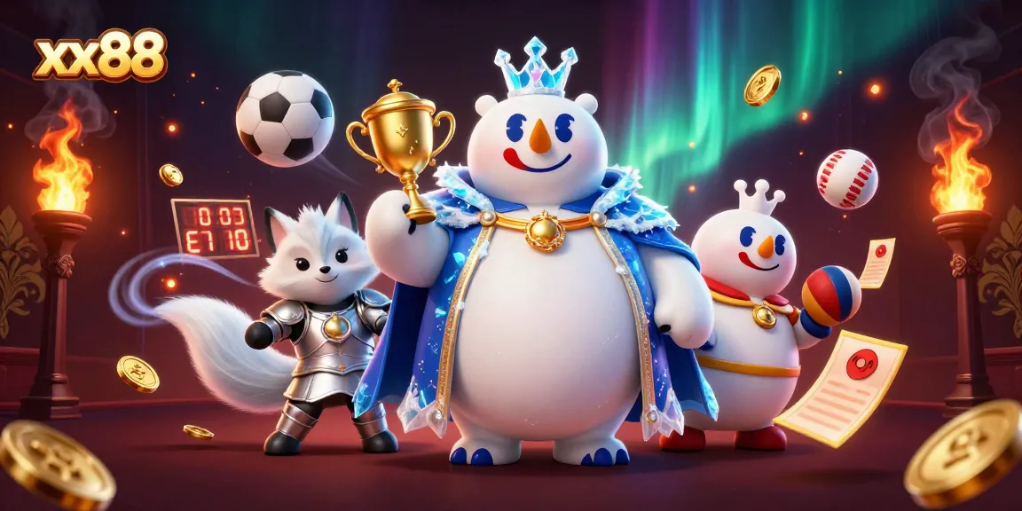 Bet with xx88 as the ice king polar bear and snow fox celebrate wins in a vibrant casino scene.