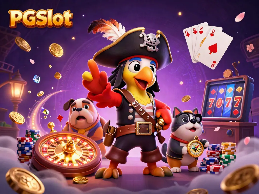 Spin and win in PGSlot with a vibrant casino scene featuring pirate-themed characters and thrilling gaming elements.