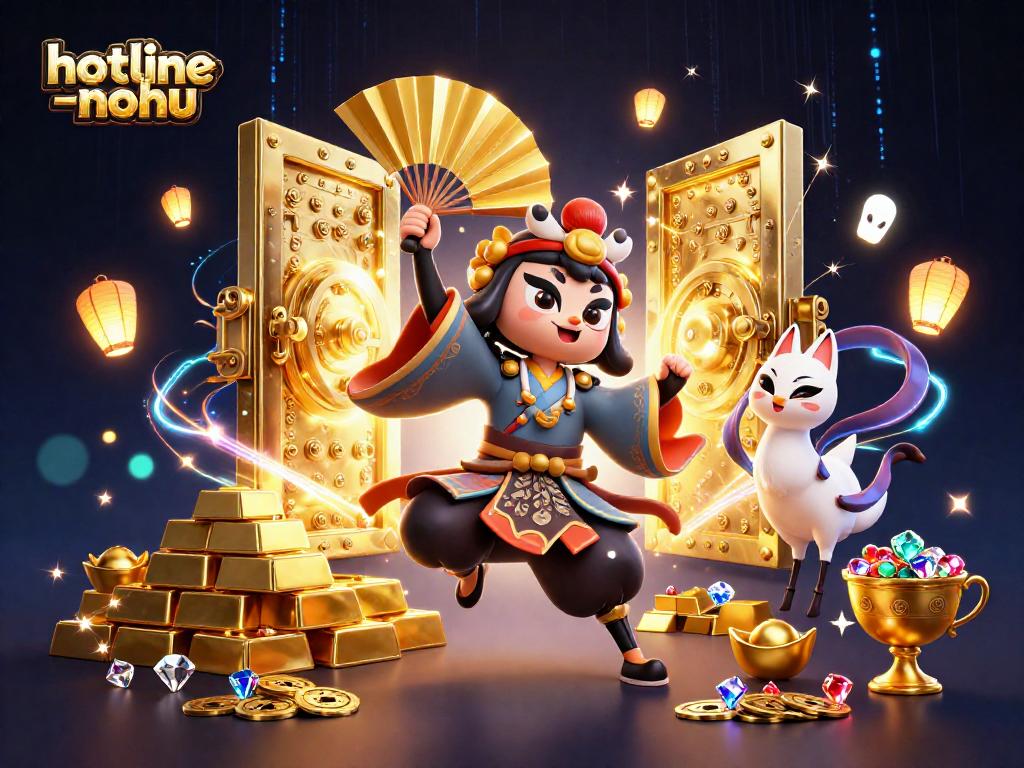 Engage with exciting hotline-nohu action amidst shimmering treasures and vibrant characters in a colorful casino scene.
