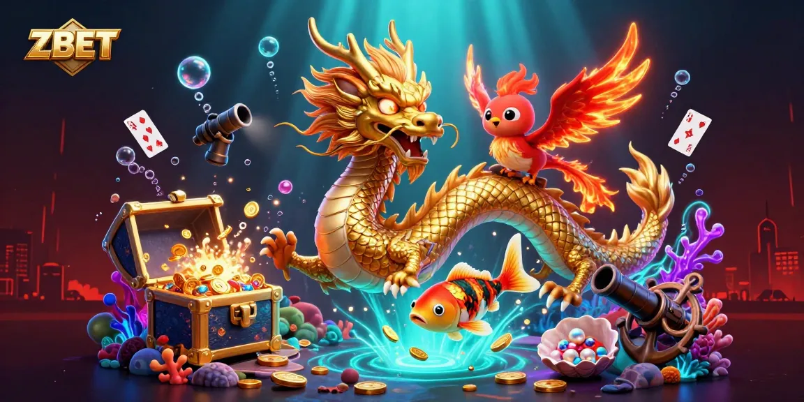 ZBET invites gamers to experience thrilling jackpots with a stunning Chinese dragon, phoenix, and koi fish illustration.