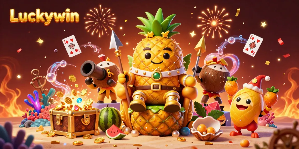 Engage with Luckywin's vibrant casino scene featuring lively characters and a treasure-filled beach.