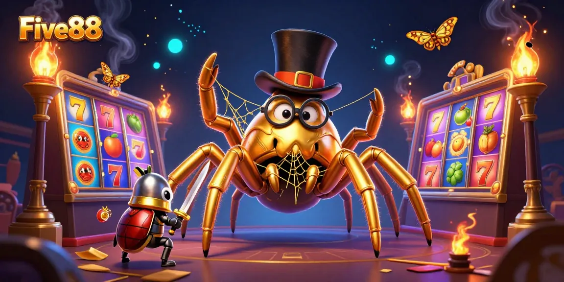 Experience thrilling wins with Five88 and a golden tarantula in an engaging 3D casino scene.