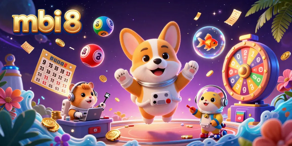 Engage in thrilling games at mbi 8, where a corgi astronaut and friends float in a vibrant casino world.