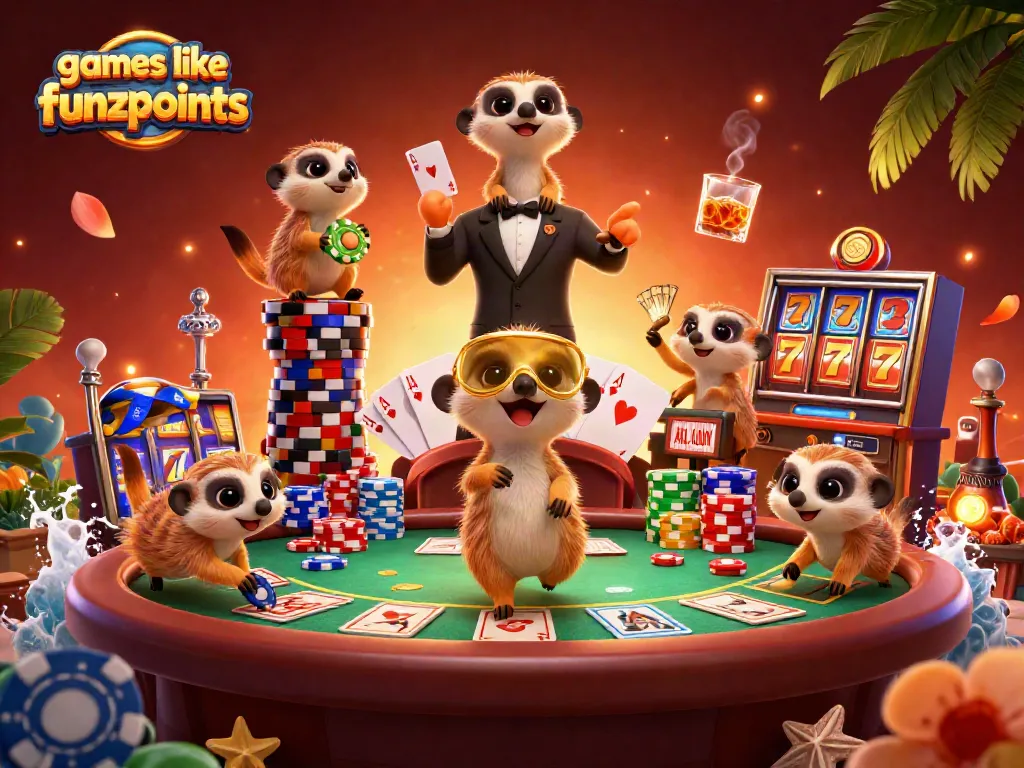 Experience thrilling games like funzpoints with meerkats in a vibrant casino scene packed with poker and slots.