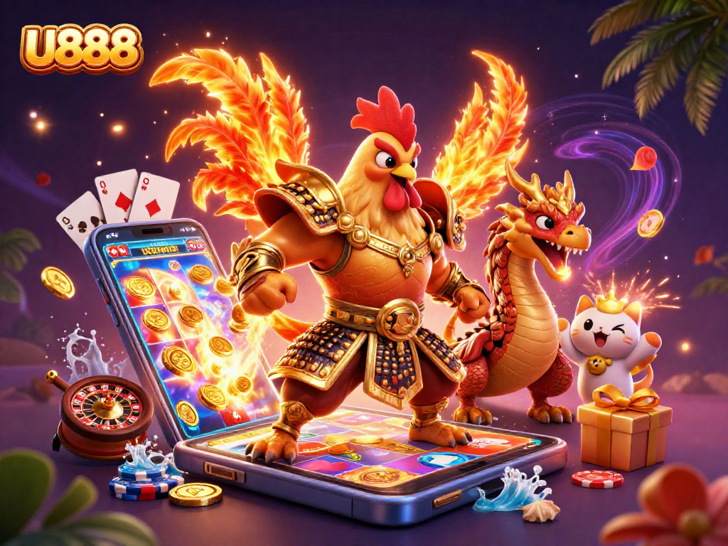 Join the fun at U888 with a colorful slot game, featuring a rooster warrior and dragon!