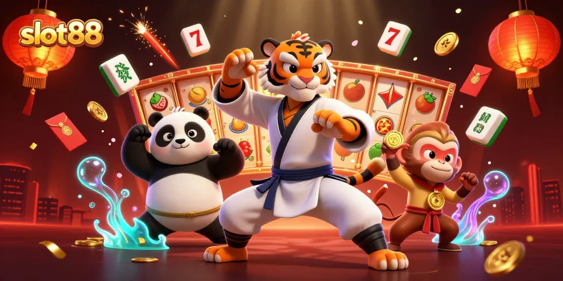 Engage with slot88 as kung fu characters celebrate with dynamic casino symbols in a vibrant scene.