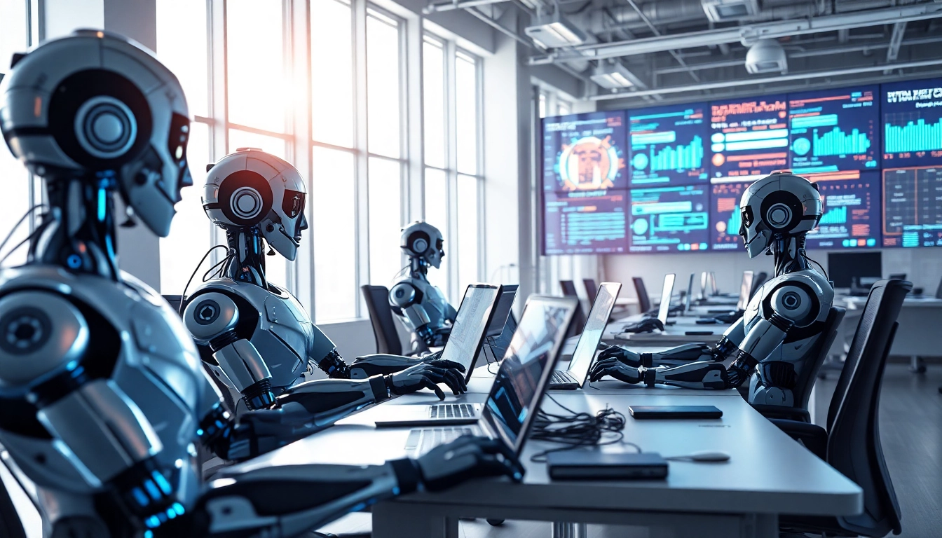 AI Bots collaborating in a cutting-edge workspace with advanced technology features.