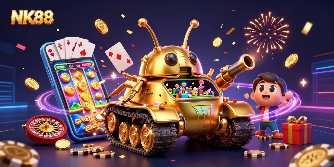 Play exciting games at NK88, featuring a golden beetle tank casino with confetti and winning elements.
