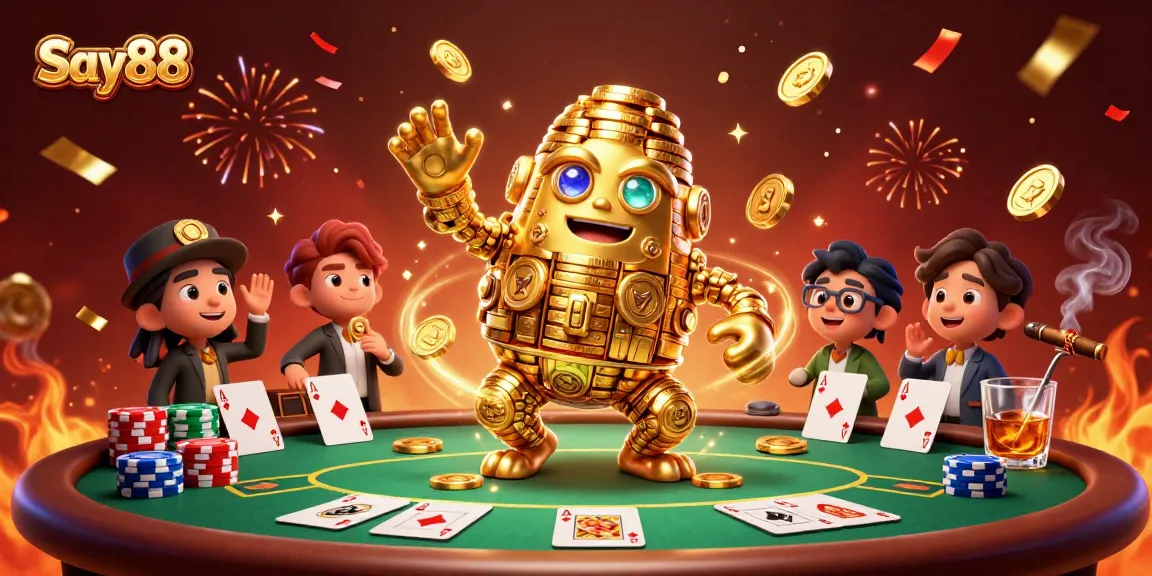 Engage in thrilling gaming at Say88 with colorful poker chips and a golden golem.
