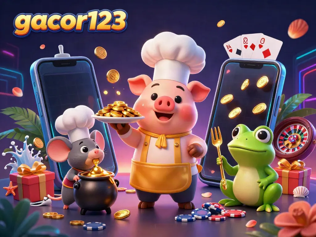 Engage with gacor123's vibrant online slots through a dynamic illustration featuring a chef pig, mouse, and frog.