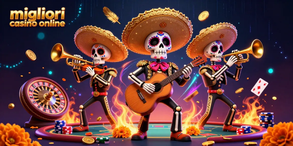 Scopri i migliori casino online con un'illustrazione vibrante di una band mariachi scheletro.