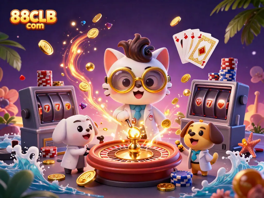 Experience thrilling gaming action with 88CLB com, featuring vibrant casino elements and characters.