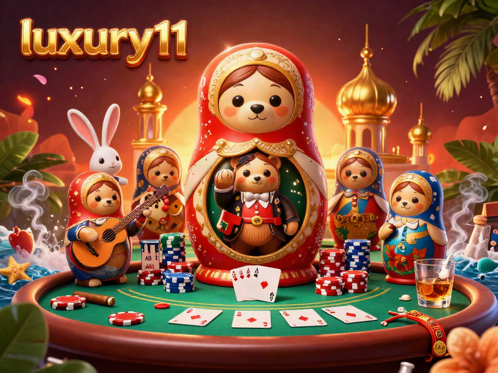 Engage with luxury111 through this vibrant 3D casino illustration featuring playful bears and poker action.