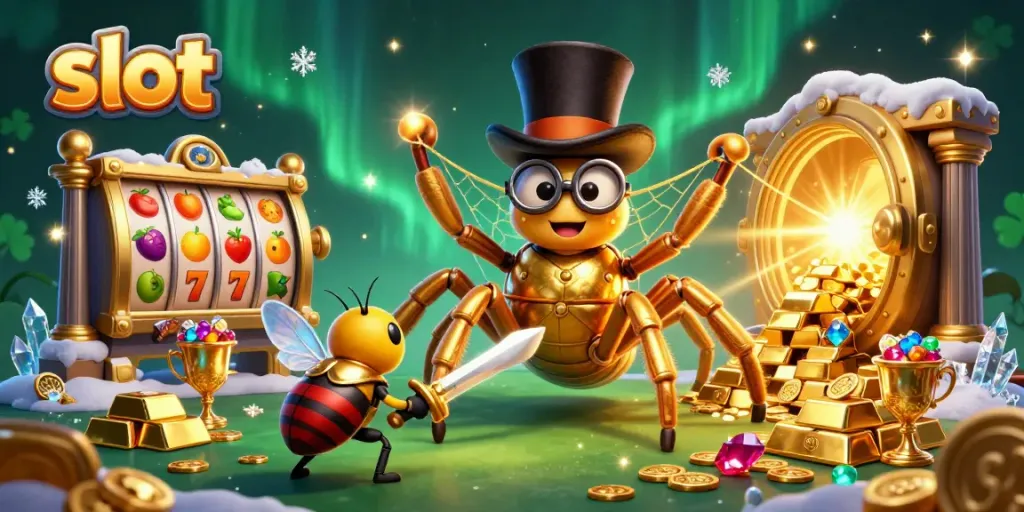 Engage with thrilling slot gameplay featuring a vibrant scene of 3D characters amidst piles of gold and slot reels.