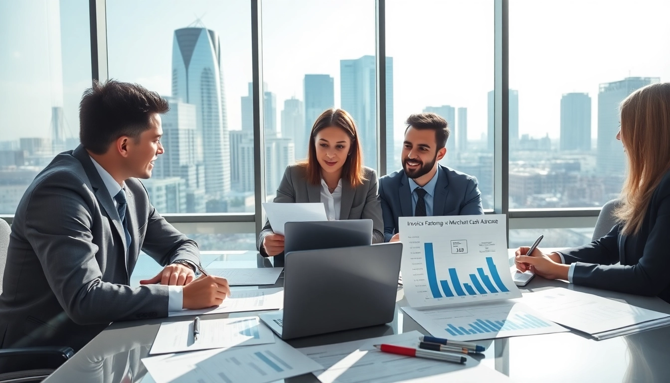 Explore invoice factoring vs merchant cash advance with professionals in a modern office.