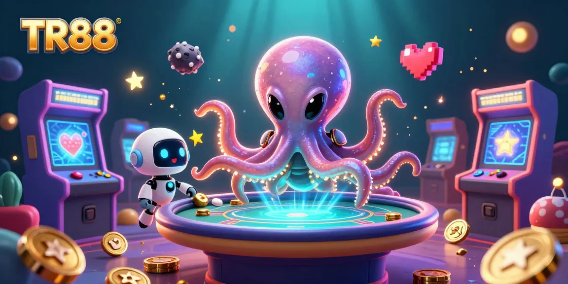 Engage in thrilling gameplay at TR88, featuring a lively 3D illustration with an alien octopus managing a poker table and vibrant casino elements.