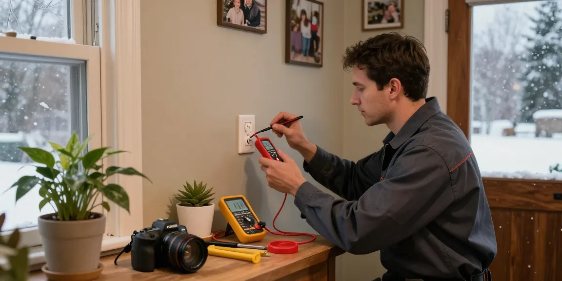 Electrical repair Stevens Point: electrician inspecting outlet in a warm home during winter.